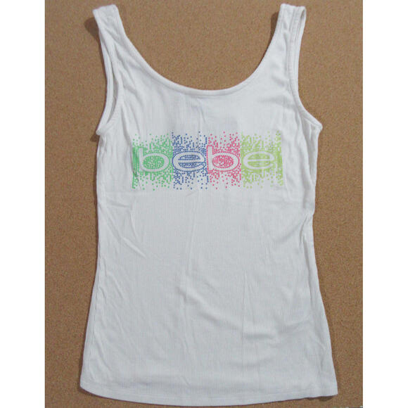 Bebe Rainbow Dot Logo Tank Top White Size XL X-Large NEW - Picture 1 of 3